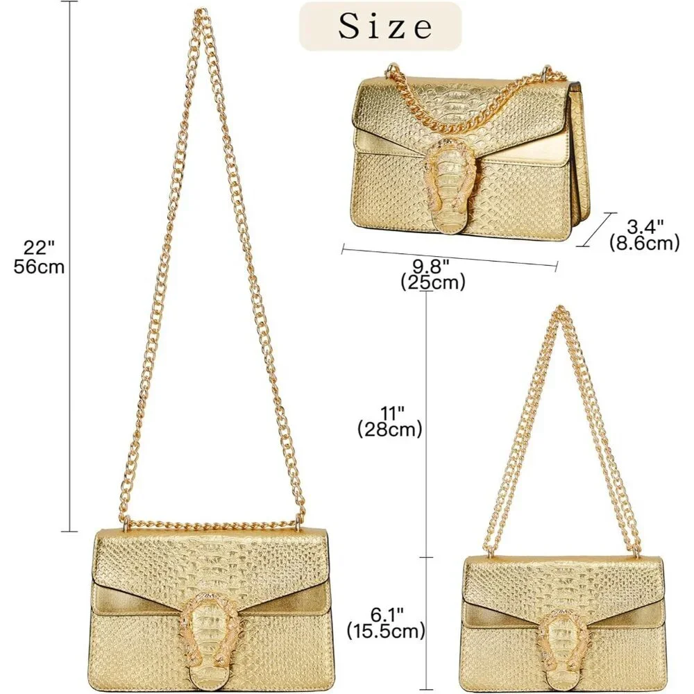 ⚡ Women's Leather Vintage Snake Print Crossbody Gold Square Satchel Handbag